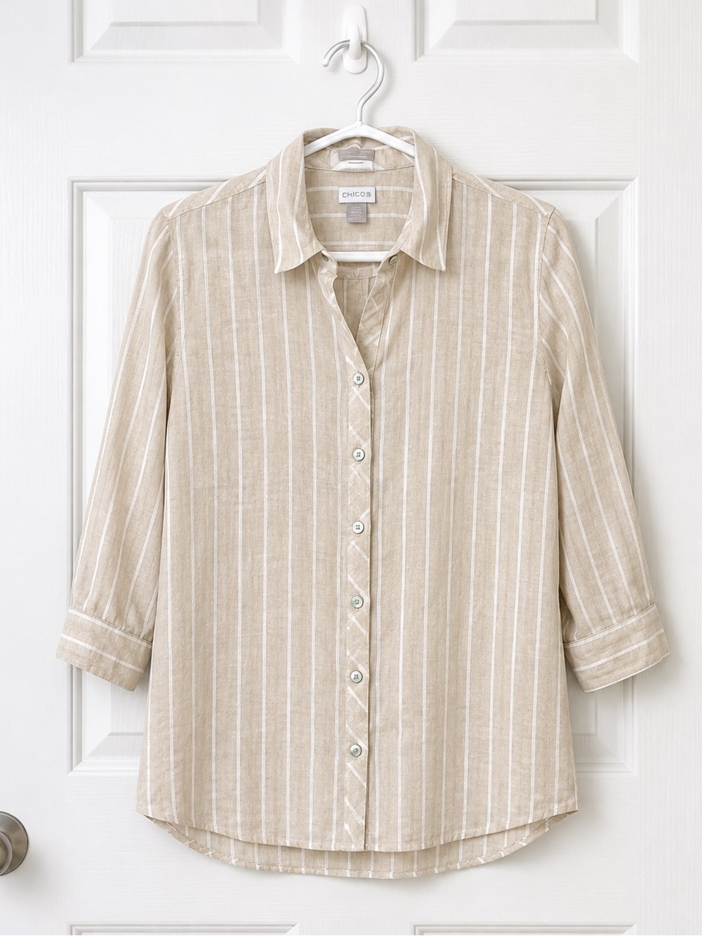 Chico's 100% Linen Beige White Striped Tunic Shirt Size 1 US 8/10 M